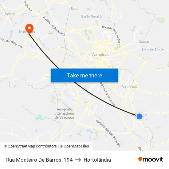 Rua Monteiro De Barros, 194 to Hortolândia map