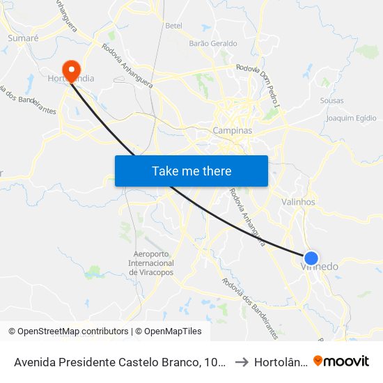 Avenida Presidente Castelo Branco, 1045-1135 to Hortolândia map