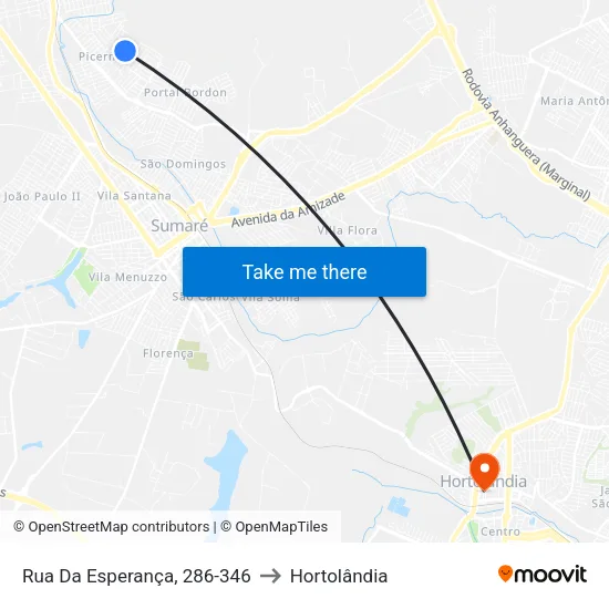 Rua Da Esperança, 286-346 to Hortolândia map