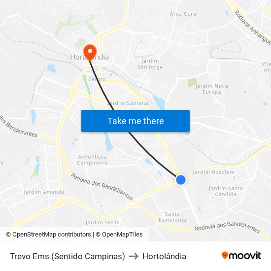 Trevo Ems (Sentido Campinas) to Hortolândia map