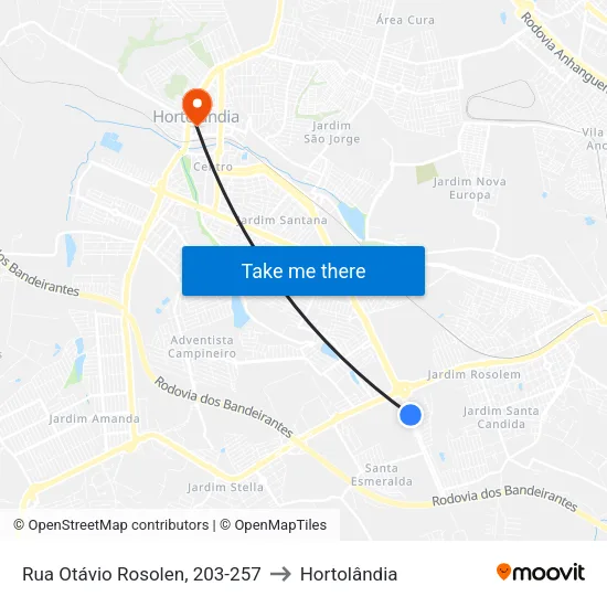 Rua Otávio Rosolen, 203-257 to Hortolândia map