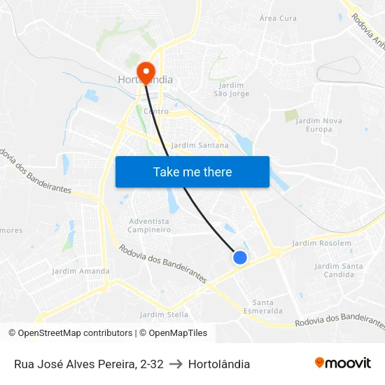 Rua José Alves Pereira, 2-32 to Hortolândia map