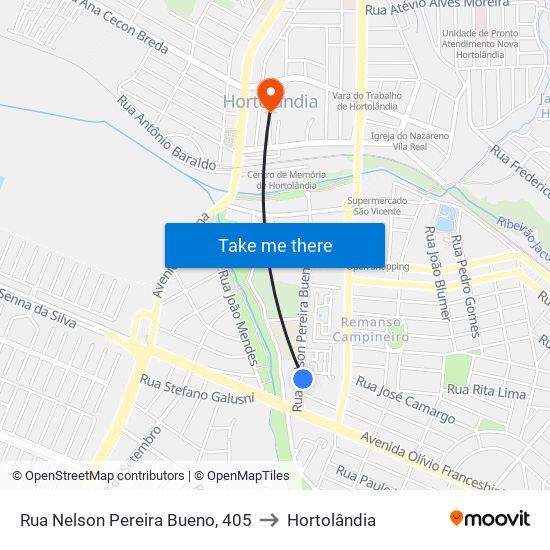 Rua Nelson Pereira Bueno, 405 to Hortolândia map