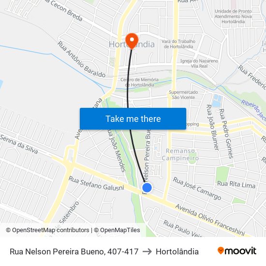 Rua Nelson Pereira Bueno, 407-417 to Hortolândia map