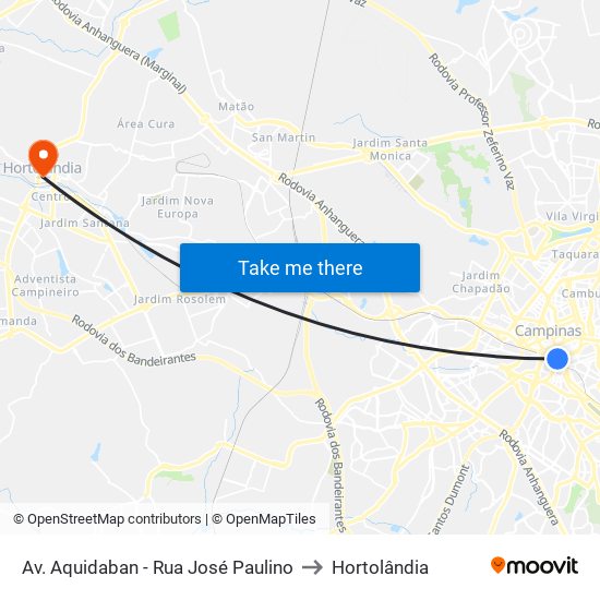 Av. Aquidaban - Rua José Paulino to Hortolândia map