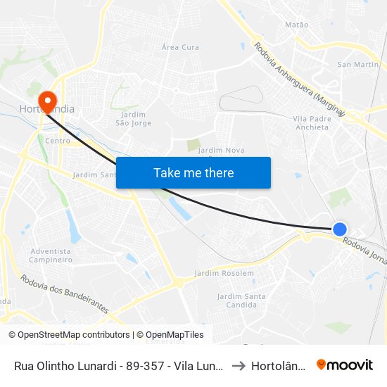 Rua Olintho Lunardi -  89-357 - Vila Lunardi to Hortolândia map
