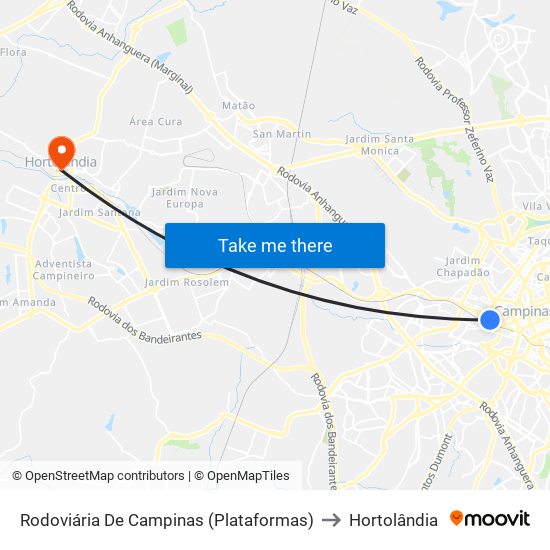 Rodoviária De Campinas (Plataformas) to Hortolândia map