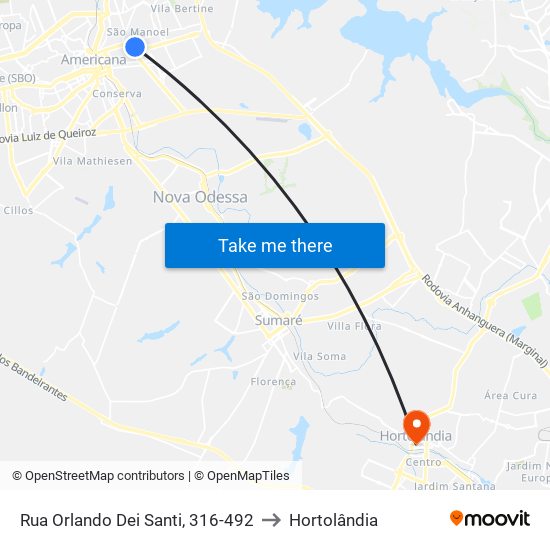 Rua Orlando Dei Santi, 316-492 to Hortolândia map