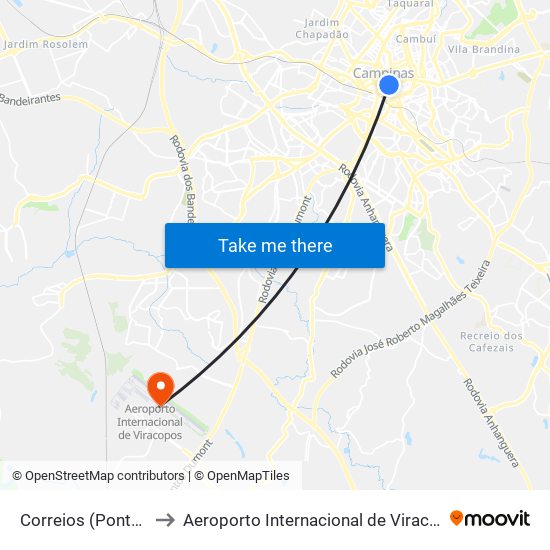 Correios (Ponto 1) to Aeroporto Internacional de Viracopos map