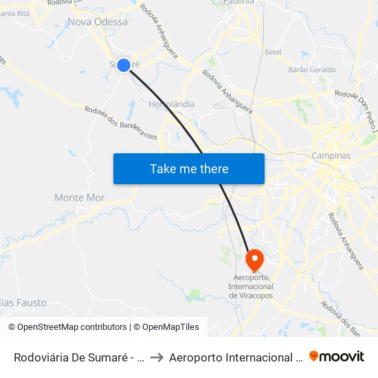 Rodoviária De Sumaré - Plataforma 4 to Aeroporto Internacional de Viracopos map