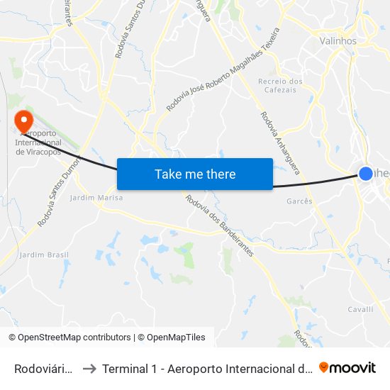 Rodoviária De Vinhedo to Terminal 1 - Aeroporto Internacional de Viracopos (embarque internacional) map