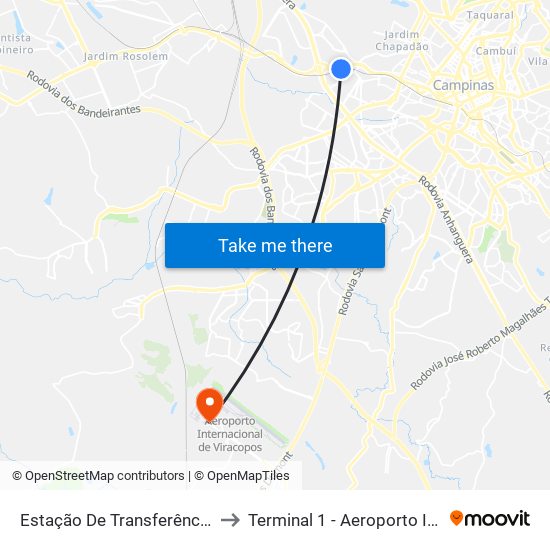 Estação De Transferência Anhanguera (Plataforma 5 - Sentido Anhanguera) to Terminal 1 - Aeroporto Internacional de Viracopos (embarque internacional) map