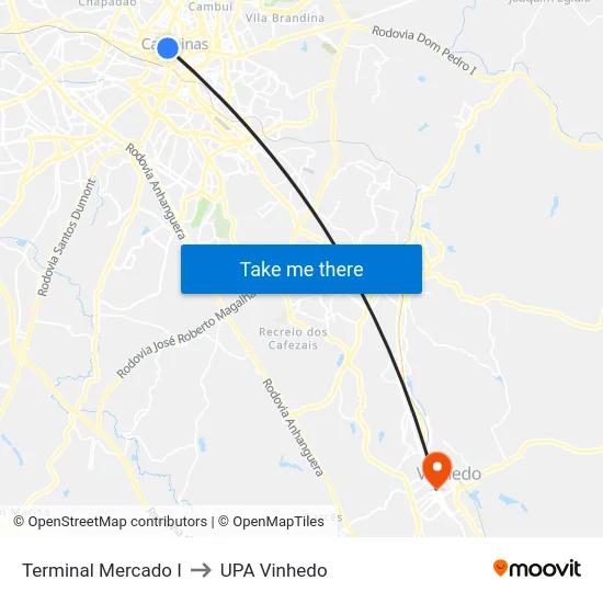 Terminal Mercado I to UPA Vinhedo map
