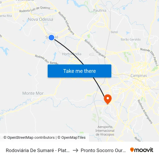 Rodoviária De Sumaré - Plataforma 4 to Pronto Socorro Ouro Verde map