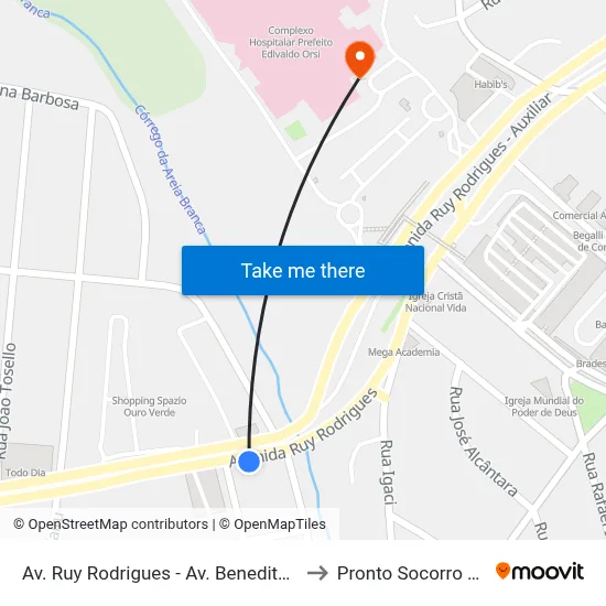Av. Ruy Rodrigues - Av. Benedito Roberto Barbosa to Pronto Socorro Ouro Verde map