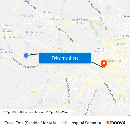 Trevo Ems (Sentido Monte Mor) to Hospital Samaritano map