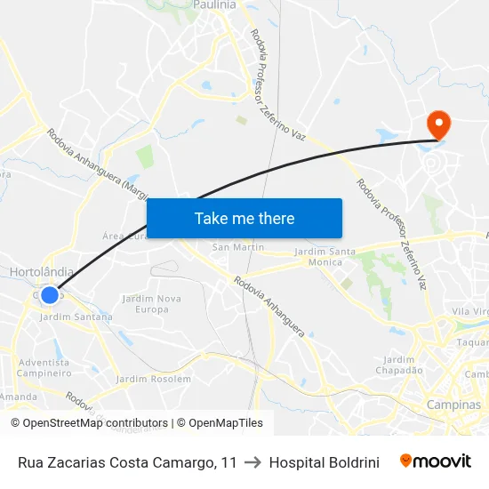 Rua Zacarias Costa Camargo, 11 to Hospital Boldrini map