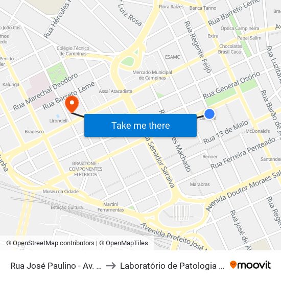 Rua José Paulino - Av. Campos Sales to Laboratório de Patologia Clínica Vera Cruz map