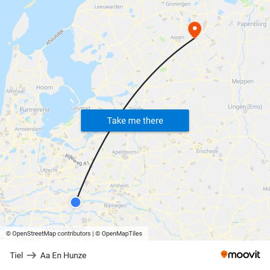 Tiel to Aa En Hunze map