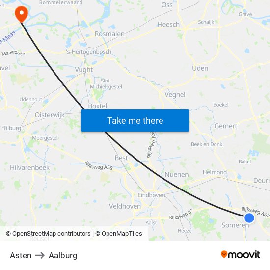 Asten to Aalburg map
