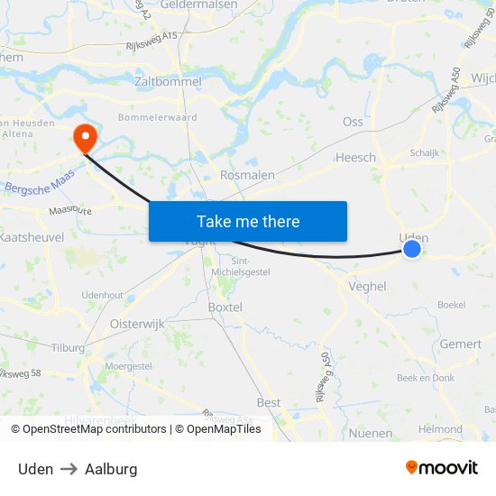 Uden to Aalburg map