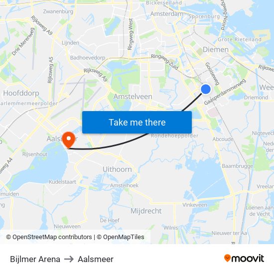 Bijlmer Arena to Aalsmeer map