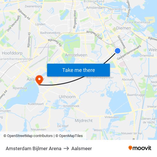 Amsterdam Bijlmer Arena to Aalsmeer map