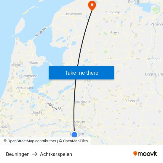 Beuningen to Achtkarspelen map