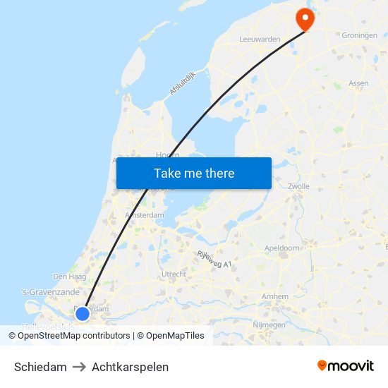 Schiedam to Achtkarspelen map