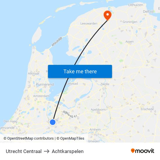 Utrecht Centraal to Achtkarspelen map