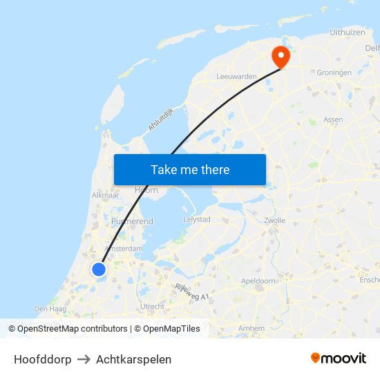 Hoofddorp to Achtkarspelen map