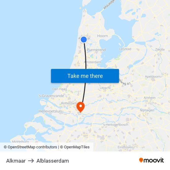 Alkmaar to Alblasserdam map