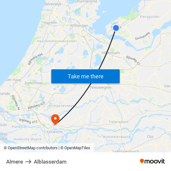 Almere to Alblasserdam map