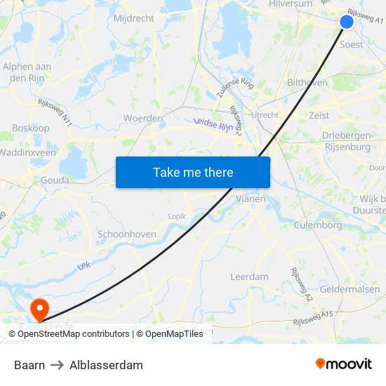 Baarn to Alblasserdam map