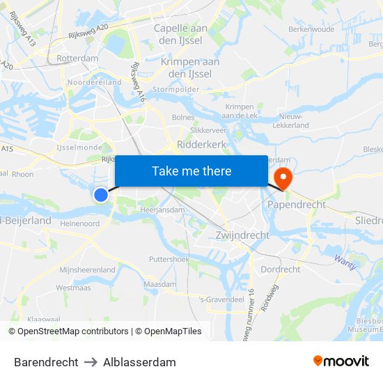 Barendrecht to Alblasserdam map