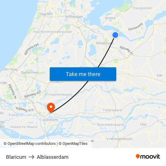 Blaricum to Alblasserdam map