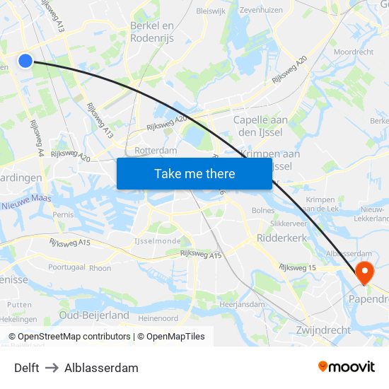 Delft to Alblasserdam map