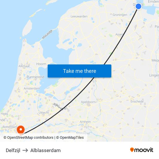 Delfzijl to Alblasserdam map