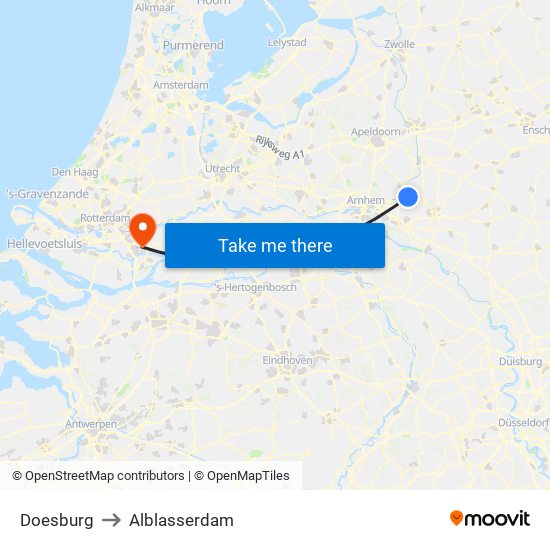 Doesburg to Alblasserdam map