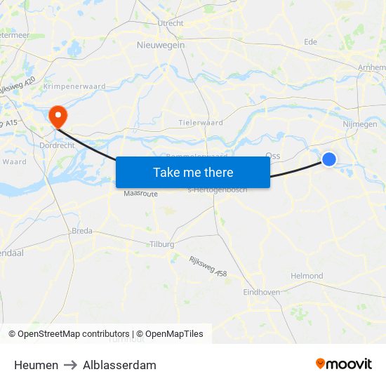 Heumen to Alblasserdam map