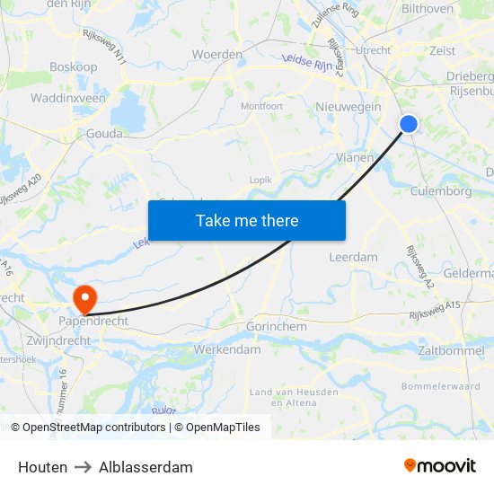 Houten to Alblasserdam map