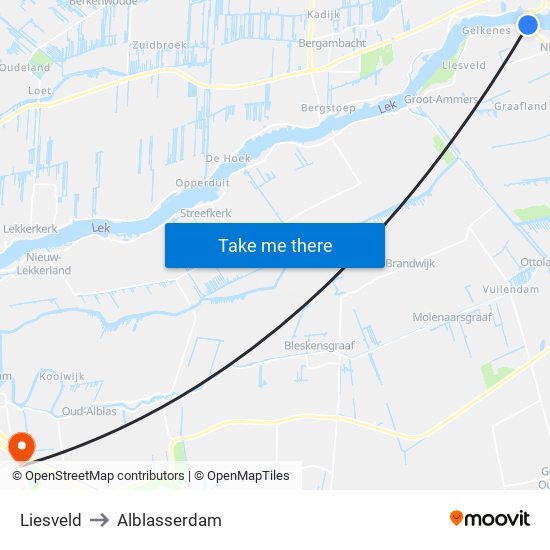 Liesveld to Alblasserdam map