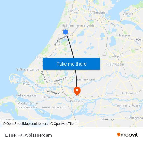 Lisse to Alblasserdam map