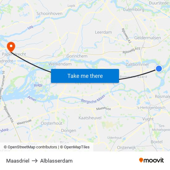 Maasdriel to Alblasserdam map