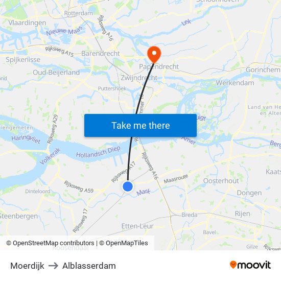 Moerdijk to Alblasserdam map