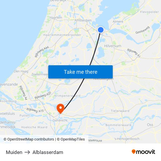 Muiden to Alblasserdam map