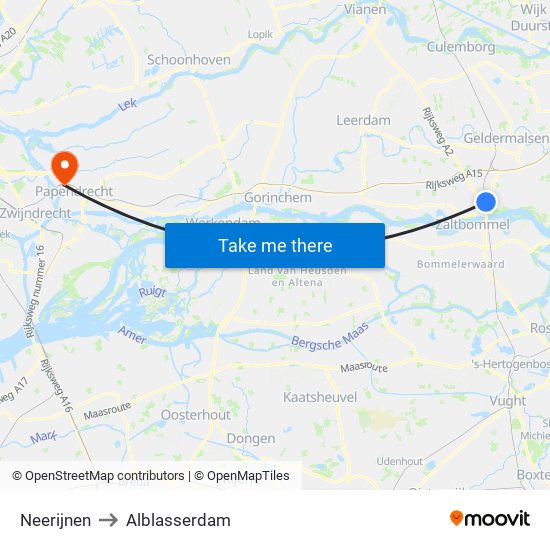 Neerijnen to Alblasserdam map
