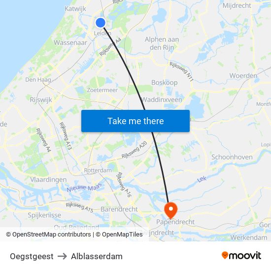 Oegstgeest to Alblasserdam map