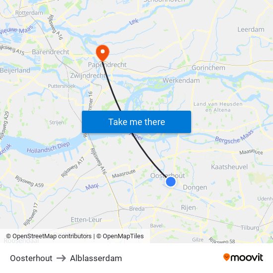 Oosterhout to Alblasserdam map