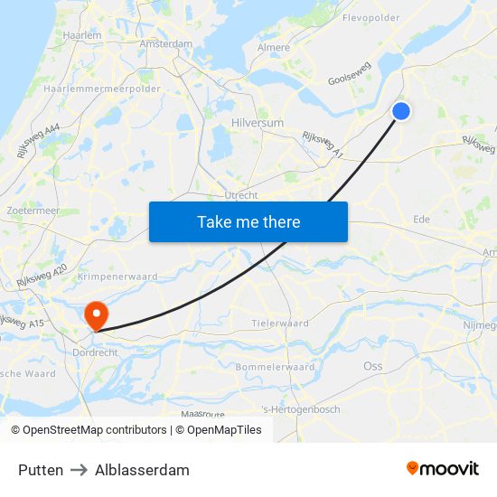 Putten to Alblasserdam map